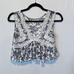 Womens Small Floral Toile Boho Peplum Crop Top Cottagecore Crochet Lace Trim
